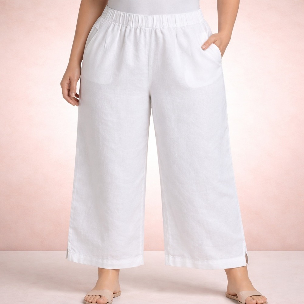 Cynthia Rowley 100%‎ Linen Wide Leg White Capri Xl Split Hem Front/Back Pockets